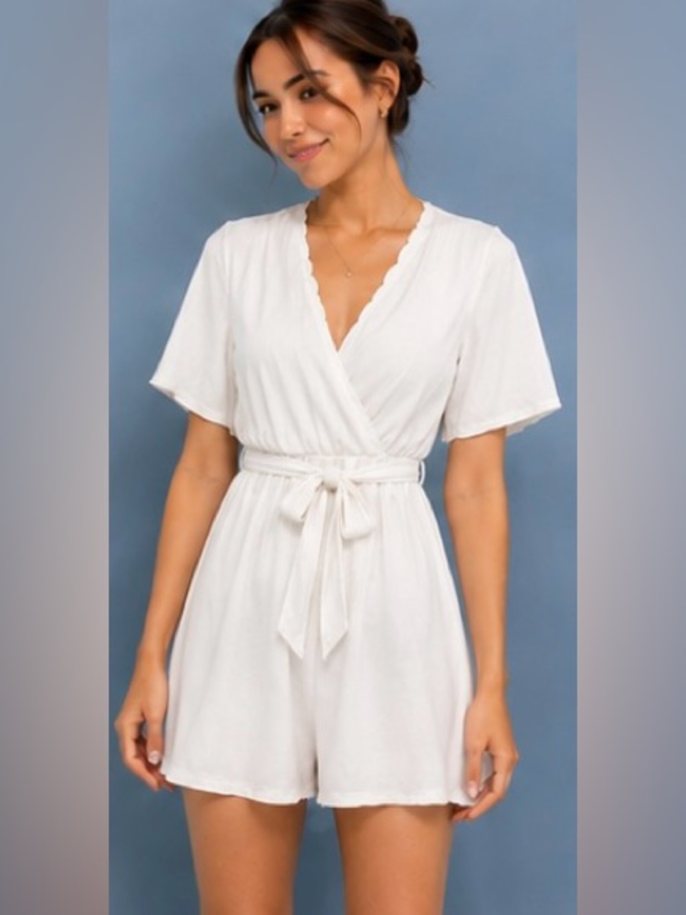 Trixxi White Scalloped Wrap Romper | Size M | Flutter Sleeve | Tie Waist